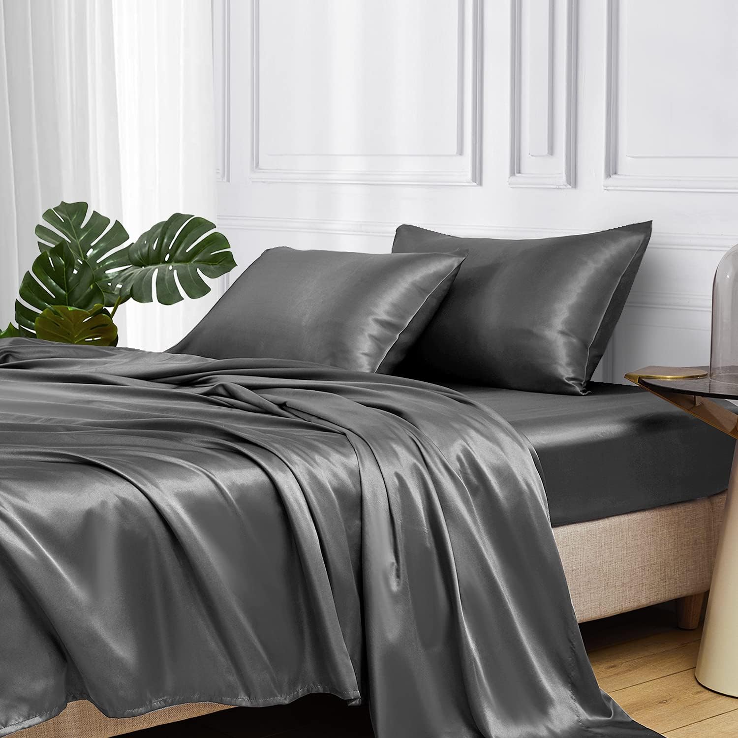 Luxury Satin Bedding Set 4 Piece King Queen Size Deep Pocket Adjustable Sheets, Soft Smooth Silk Feel Comfortable Sleep Experience, Satin Fitted Sheet