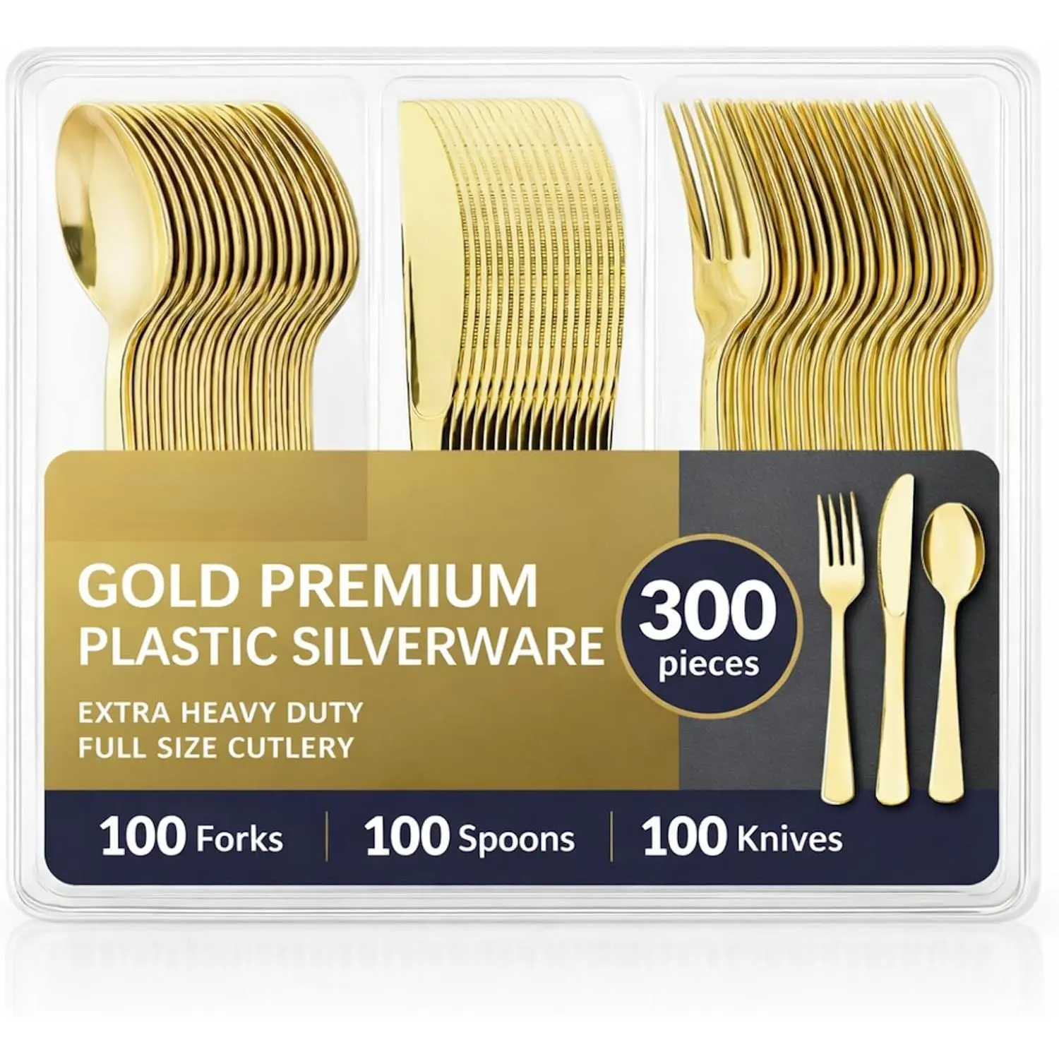 300 Pack Premium Heavy Duty Gold Plastic Silverware, 100 Forks, 100 Spoons, 100 Knives, For Parties, Dinners and Weddings, BPA-Free, Disposable Plastic Cutlery Dinnerware Utensils Set
