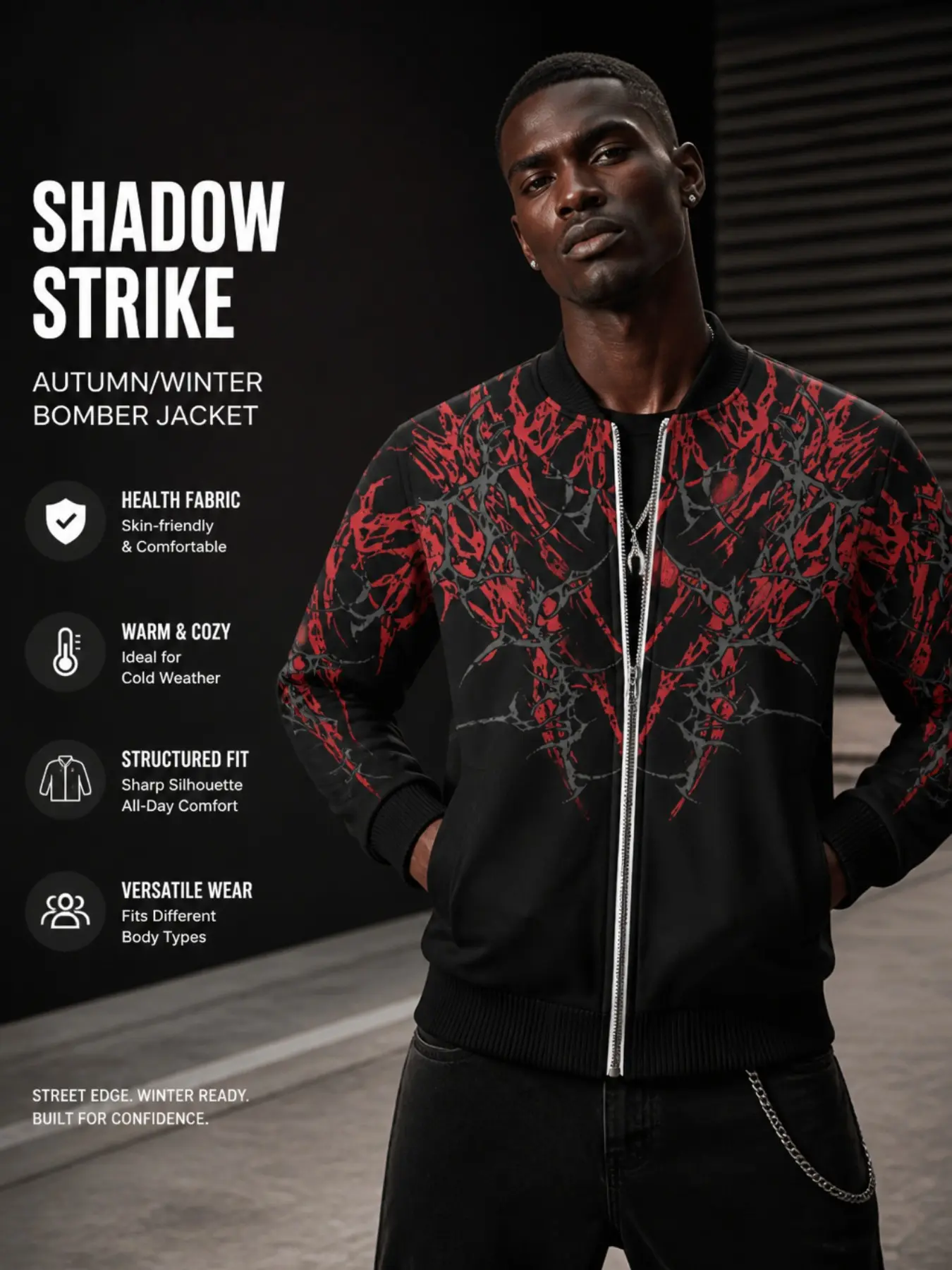 Men's Gothic Thorns Full Zip Bomber Jacket, Y2K Abstract Print Baseball Collar Windproof Jacket, Vintage Dark Streetwear Fall Winter Outerwear