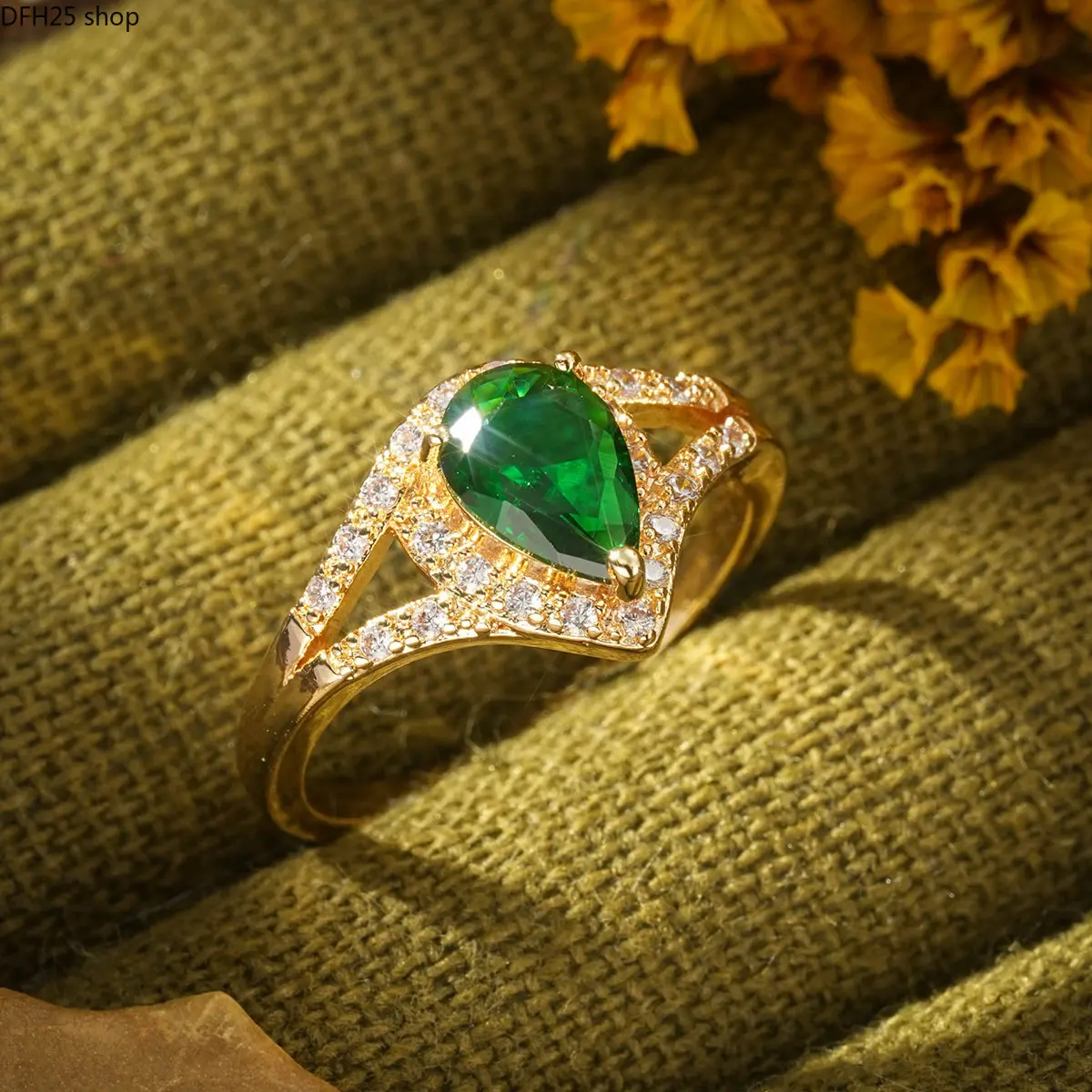 Emerald Green Teardrop Crystal Open Ring For Women, Adjustable Gold Tone Gemstone Jewelry Elegant Minimalist Statement Design For Daily Wear Party Outfit Accessory Gift