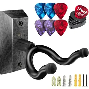 Guitar Wall Mount, Black Guitar Wall Hangers, Guitar Picks, Pick Holder, Guitar Accessories, U-Shape Hardwood Guitar Hanger, Gifts for Guitarists, with 6  Guitar Picks