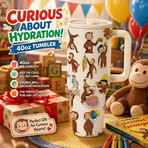 1 pc 40oz “Curious George” Insulated Travel Tumbler with Handle, Double Wall Vacuum Stainless Steel Mug, Leak-Proof Lid, Keeps Drinks Cold 24hrs and Hot 12hrs, Cute Cartoon Monkey Design Kids & Family Coffee Cup, Big Capacity Water Bottle, Perfect for Dai