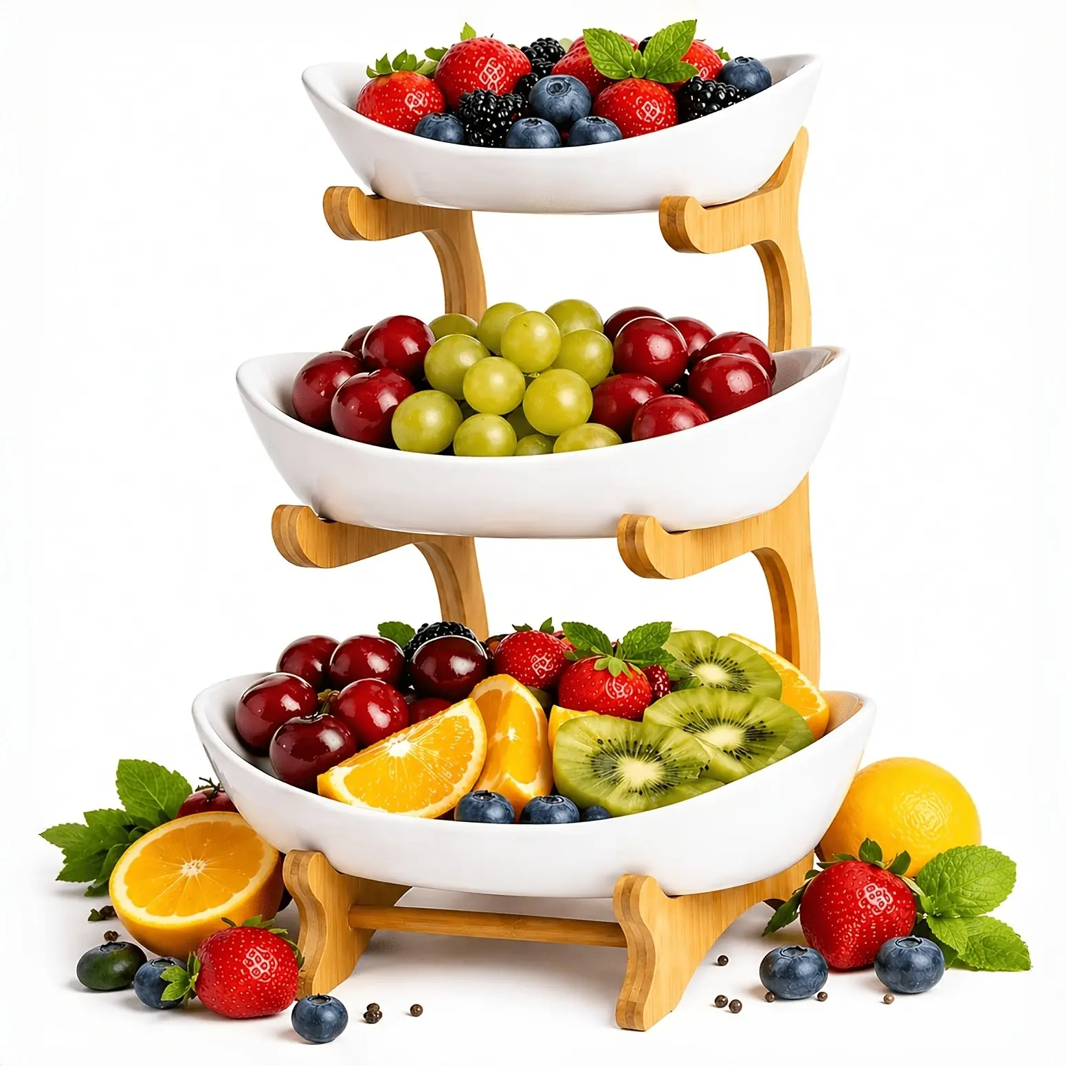 3-Tier Luxury Wooden Stand with Plastic Fruit Bowls Double-Tier Fruit Bowl & Creative Candy Display Natural Wood Design Living Room Snack Tray Space-Saving Design Easy Assembly Father's Day Gift Dessert & Kitchen Serving Tray