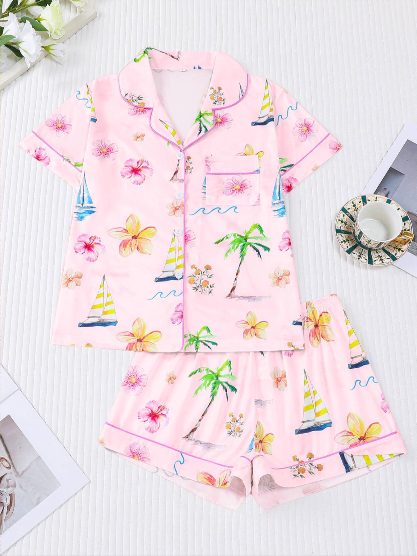 Women's Hawaiian flower Print Pajama Set, 2 Piece Summer Sleepwear, Comfortable Shirt Collar Short Sleeve Top & Elastic Shorts