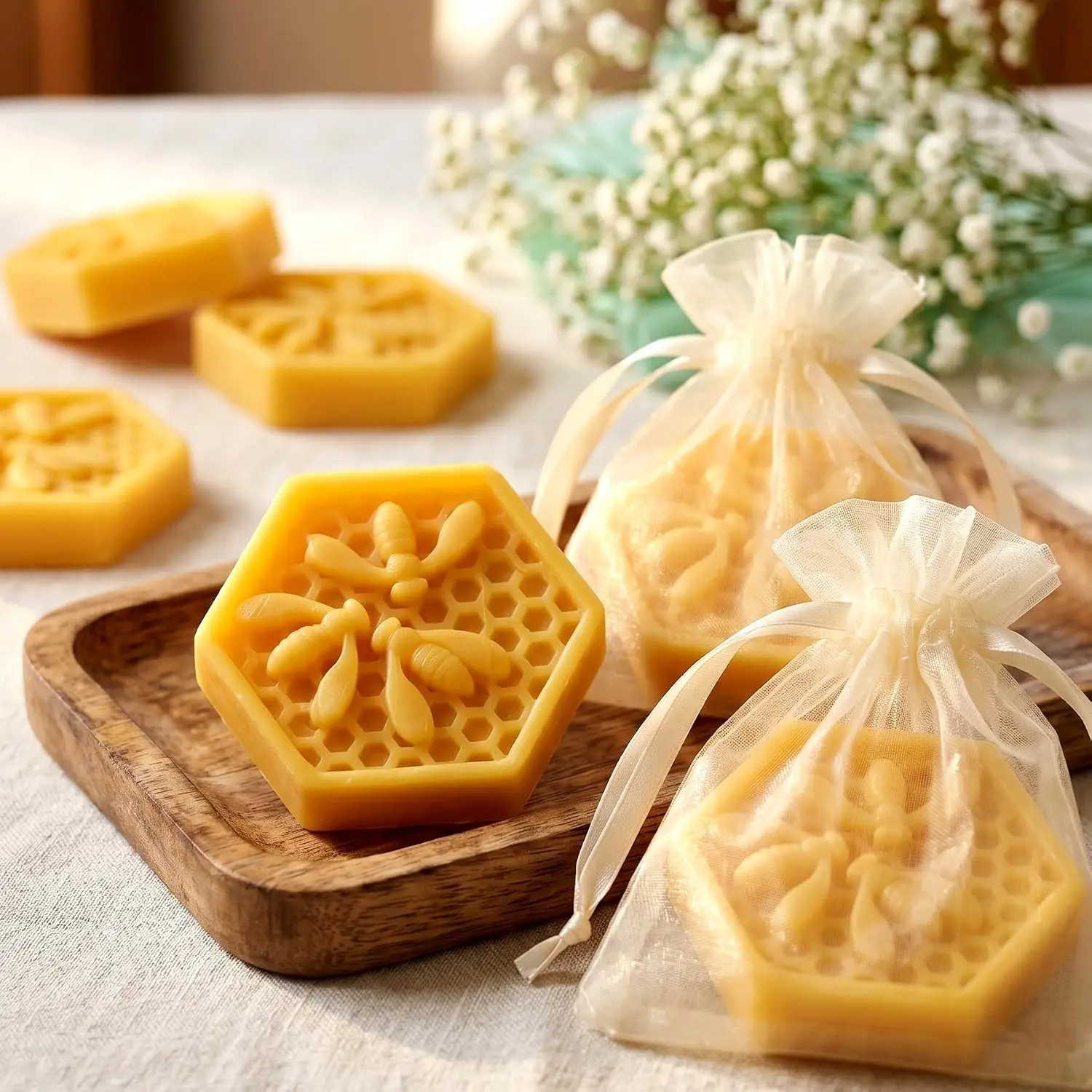 Bee Baby Shower Favors Honeycomb Soap with Organza Drawsting Favor Bags and Thank Cards for Gender Reveal Decorations, Party Favors,Guest Favors,Baby Shower Gifts (50 Packs)