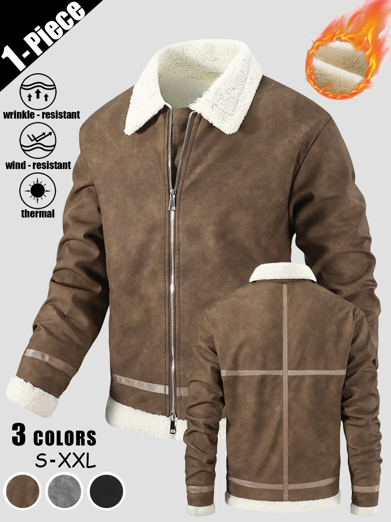 Men's Casual Fashion Loose PU Leather Fleece-Lined Windproof Waterproof Warm Breathable Outdoor Shearling Padded Jacket Sherpa Unique Wear-Resistant Wrinkle-Resistant Leather Coat For Daily Commute Wild Adventure Hiking Mountaineering