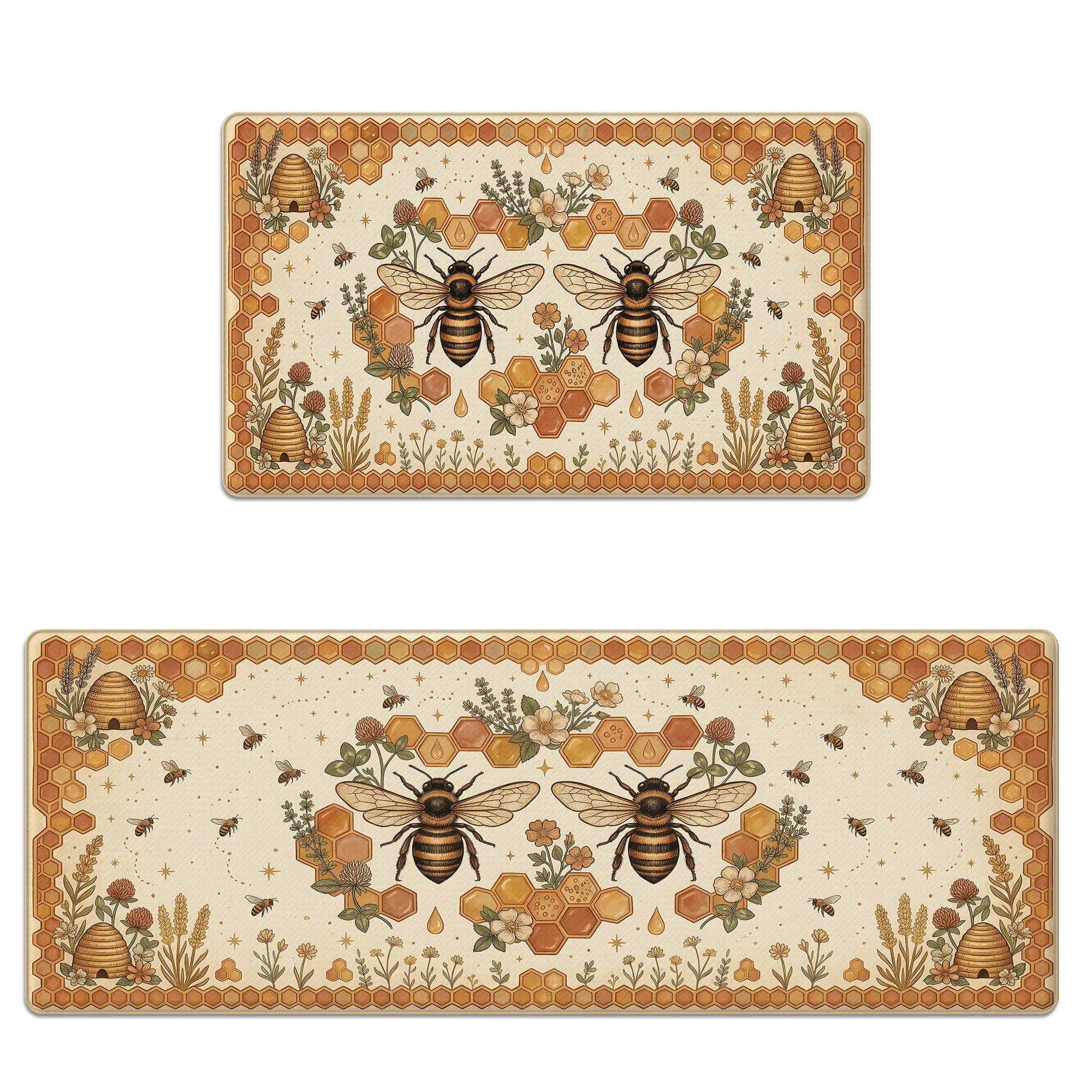 Kitchen Mat Set of 2 Anti-Fatigue Cushioned Memory Foam Honeycomb Bee Print Non-Slip Scratch-Resistant & Waterproof Floor Rugs