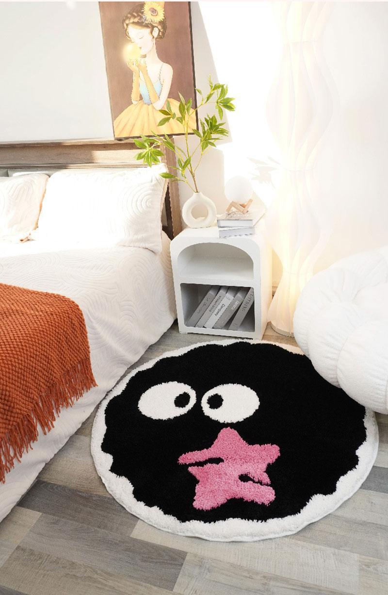 Cute Black Briquettes Carpet Soft Plush Shaggy Round Lounge Rug Anti-Slip Cartoon Style Cozy Living Room Home Decor Rugbriquette