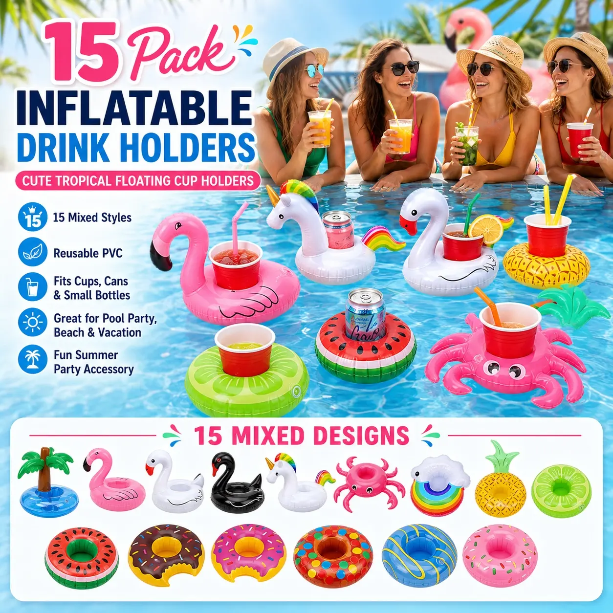 15 Pack Inflatable Drink Holders Pool Float Cup Holders, Cute Tropical Design Floating Beverage Coasters with Flamingo Unicorn Swan Crab Fruit Shapes, Reusable PVC Swimming Pool Accessories for Summer Pool Party, Beach Vacation, Outdoor Gathering