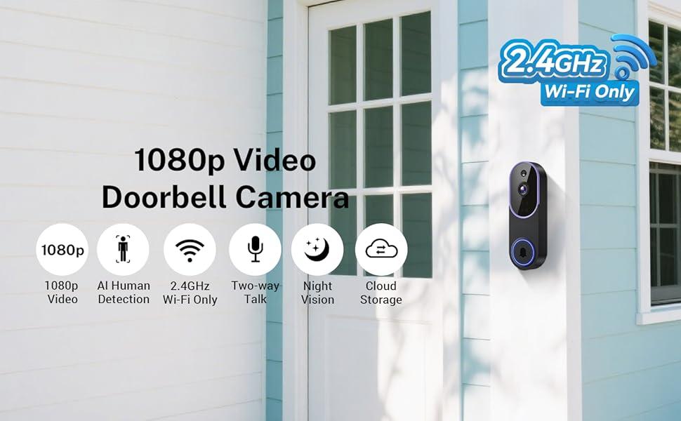 Smart 1080P Video Doorbell Camera with Doorbell Receiver – AI Human Detection, 2-Way Audio & Night Vision, Live View via Smartphone.2.4GHz WiFi, Optional Cloud Storage – No Monthly Fee Required for Local Alerts!Complete Home Security Kit