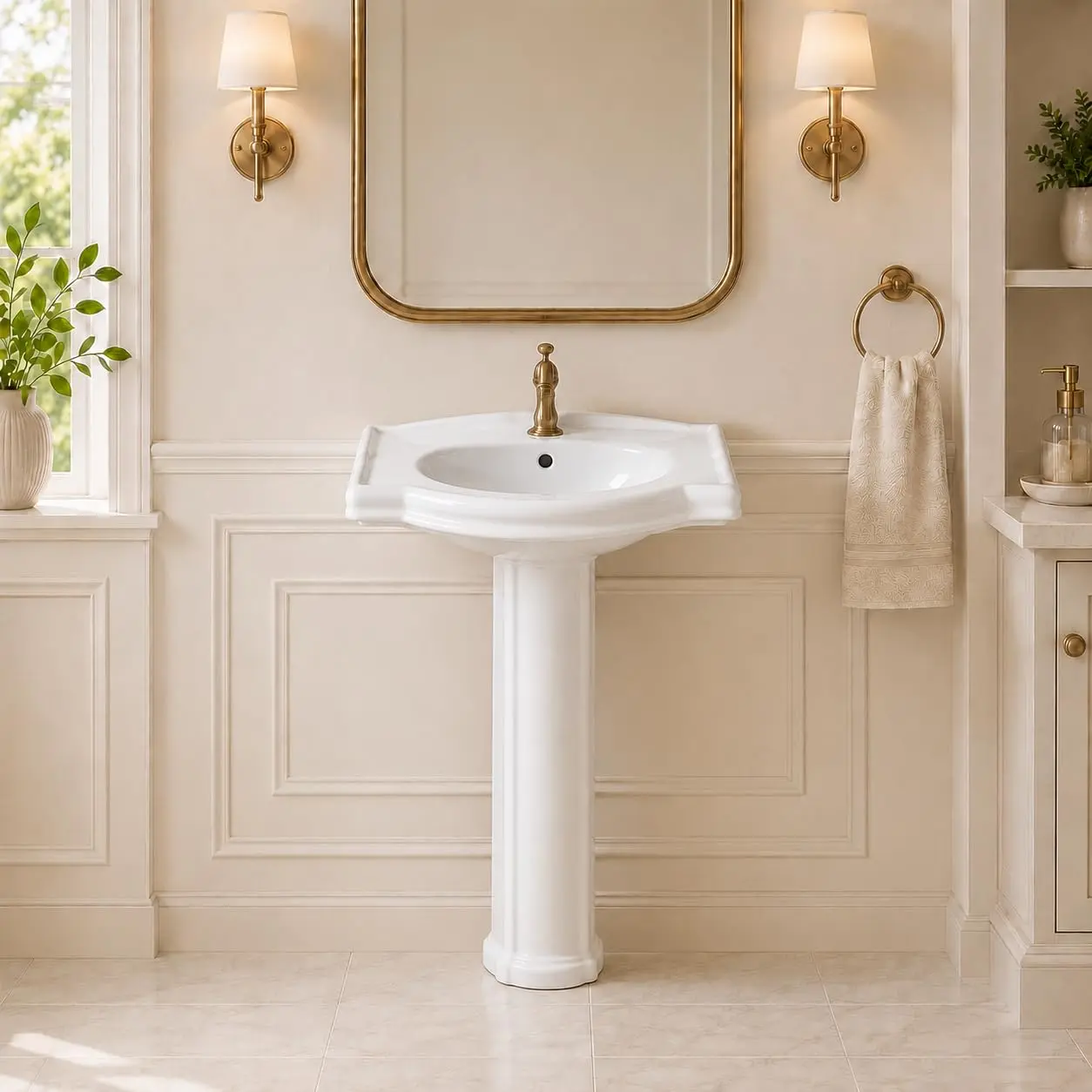 Gaomon Vintage Rimless Pedestal Bathroom Basin - Freestanding, Glossy Finish, Faucet Ready, Indoor Bathroom Basin Unit