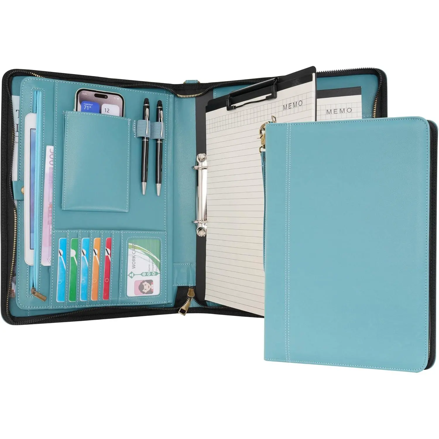 A4 Portfolio with Zipper - Leather PU Padfolio with Detachable Ring Binder and Writing Notepad Holder, Conference File Multi-Pockets Organizer for Office Travel School (Cyan)