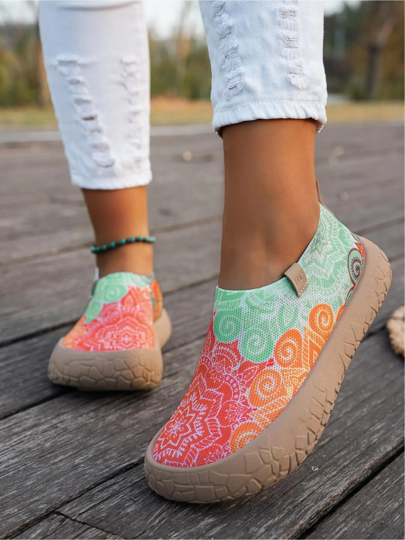 Trendy Graffiti Print Flyknit Lazy Shoes for Women, Elastic Slip-On Soft Sole Casual Sneakers, Breathable Lightweight Anti-Slip Thick Bottom