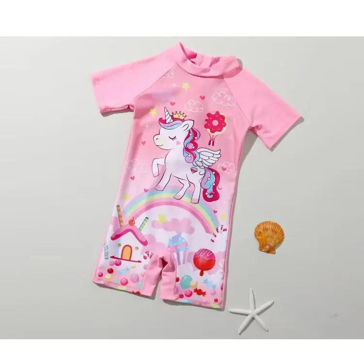 Cartoon Unicorn Print Girls' Spring/summer Beach Vacation 1pc Swimsuit