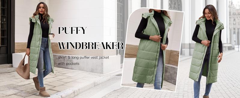 PiePieBuy Women's Hooded Puffer Vest Long Quilted Sleeveless Button Down Cotton Padded Jacket  Winter Coat