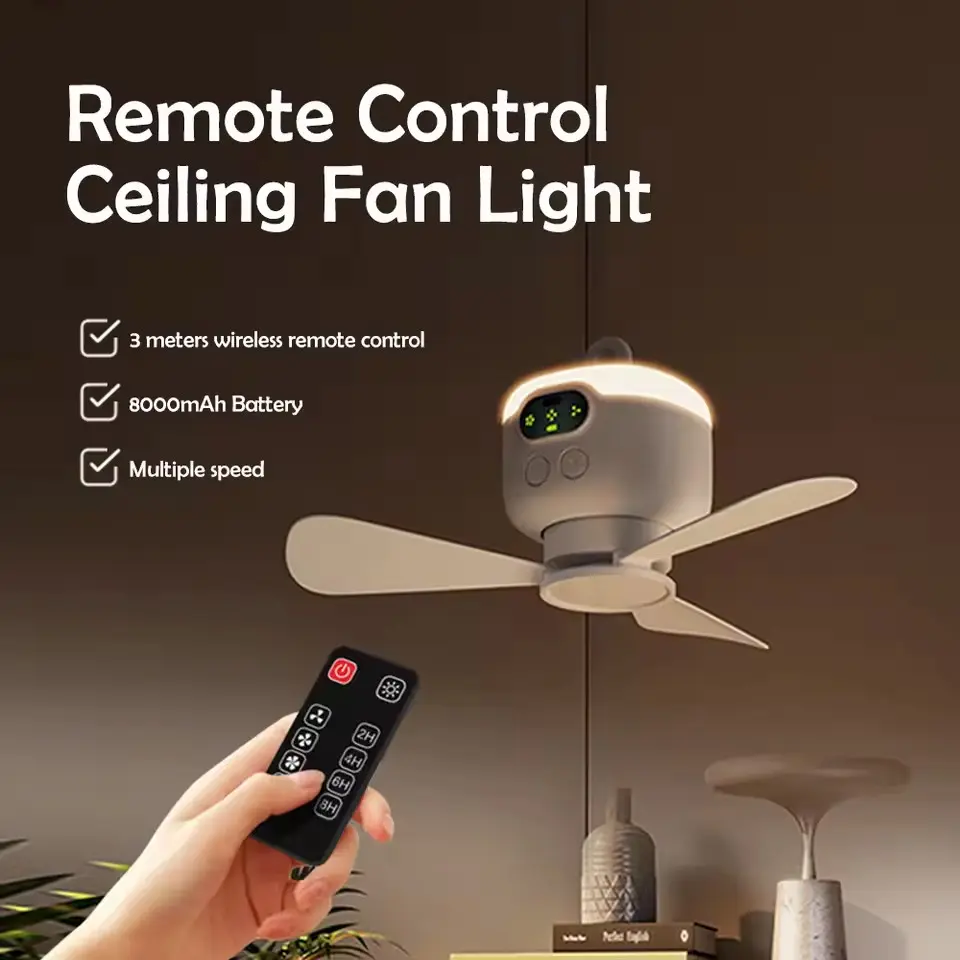 Rechargeable LED Ceiling Light with Fan, Powered By 8000 mAh Battery, Remote-Controlled Tri-Color Dimming For Bedrooms, Dormitories, Camping, and Living Rooms—Indoor Lighting Fixture