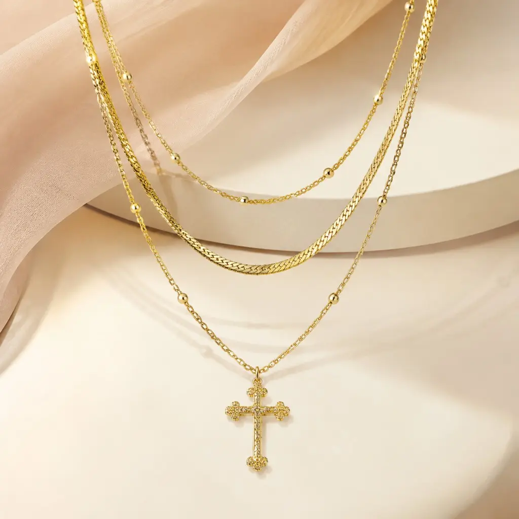 Women's 3-Layer Adjustable 14K Gold-Plated Byzantine Cross Pendant Necklace - Stackable Layering Chain, Dainty Slide Clasp, Tarnish-Resistant Minimalist Jewelry, Everyday Wear Gift for Her