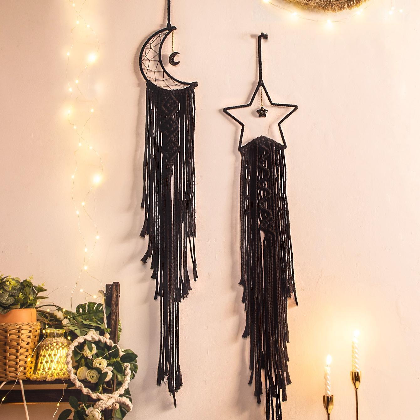 Tassel Dream Catcher Hanging Ornaments, 1 Set Hand Woven Lace Stars Moon Dreamcatcher Wall Hanging Decor without LED Lights, Hangable Wall Art for Home, Bedroom, Hanging Room Decor, Boho Decoration, Interior Wall Decor