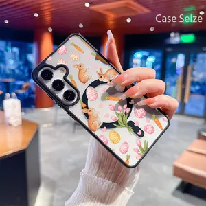 Phone Case - Cute Bunnies with Carrots Eggs Hearts And Tulips in Spring Charm Black Border Magnetic Phone Case, Anti-Yellowing, Slim Lightweight & Bare Feel, Luxury Premium Design for Samsung Galaxy S22 S23Fe S24 S25 Plus Ultra
