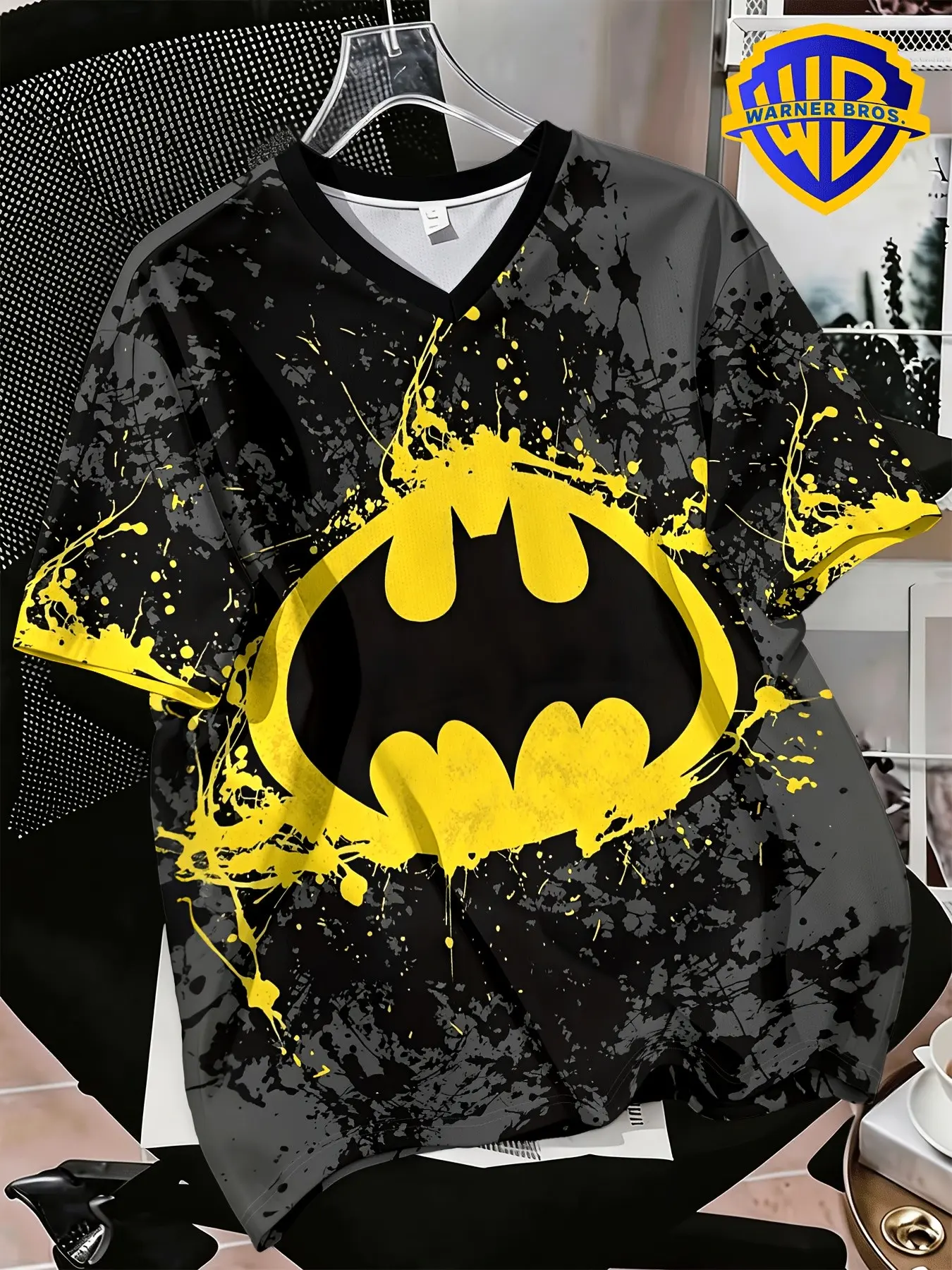 Men's Digital Printed V-Neck T-Shirt, Batman Retro Style, Breathable Summer Top, Casual Long Sleeve, Perfect for Gifts