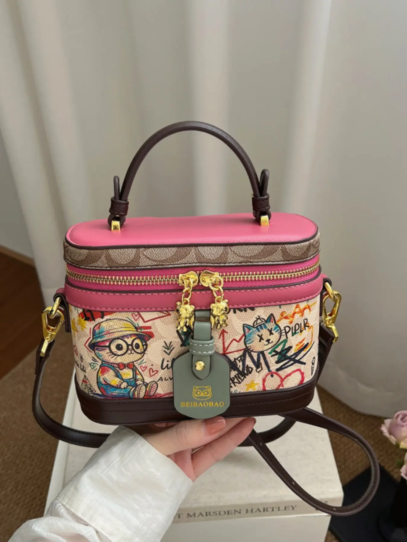 Cartoon Colorblock Handbag, Lightweight Women's Crossbody Bag, High-End Fashion Box Bag, Commute Makeup Shoulder Round Tube Bag, Fashionable Bag, Crossbody Shoulder Bags