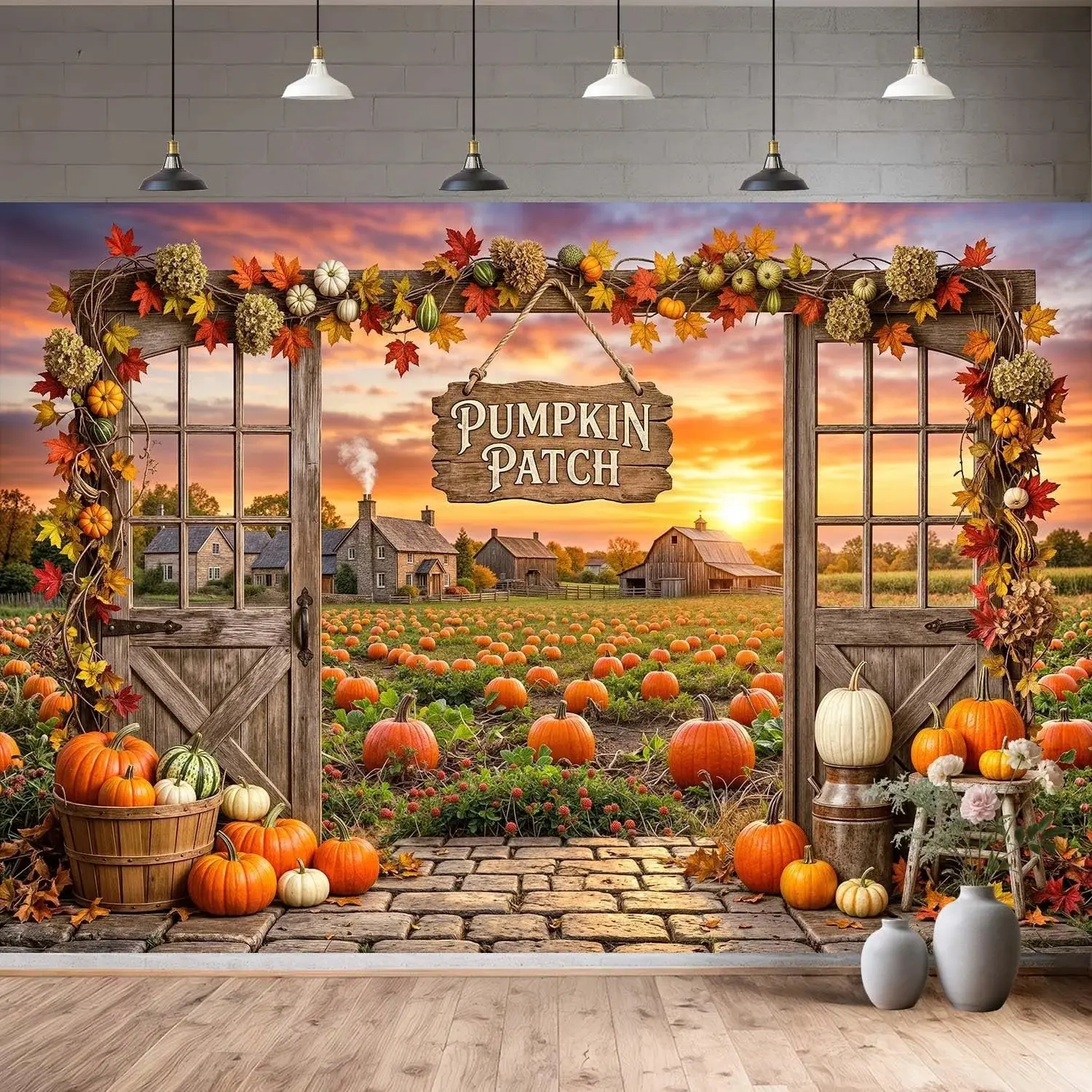 3x5ft Pumpkin Patch Fall Backdrop for Photography, Rustic Wooden Door Autumn Harvest Background, Thanksgiving Photo Booth Banner for Party Decor, Studio Photoshoot Props for Family Portrait