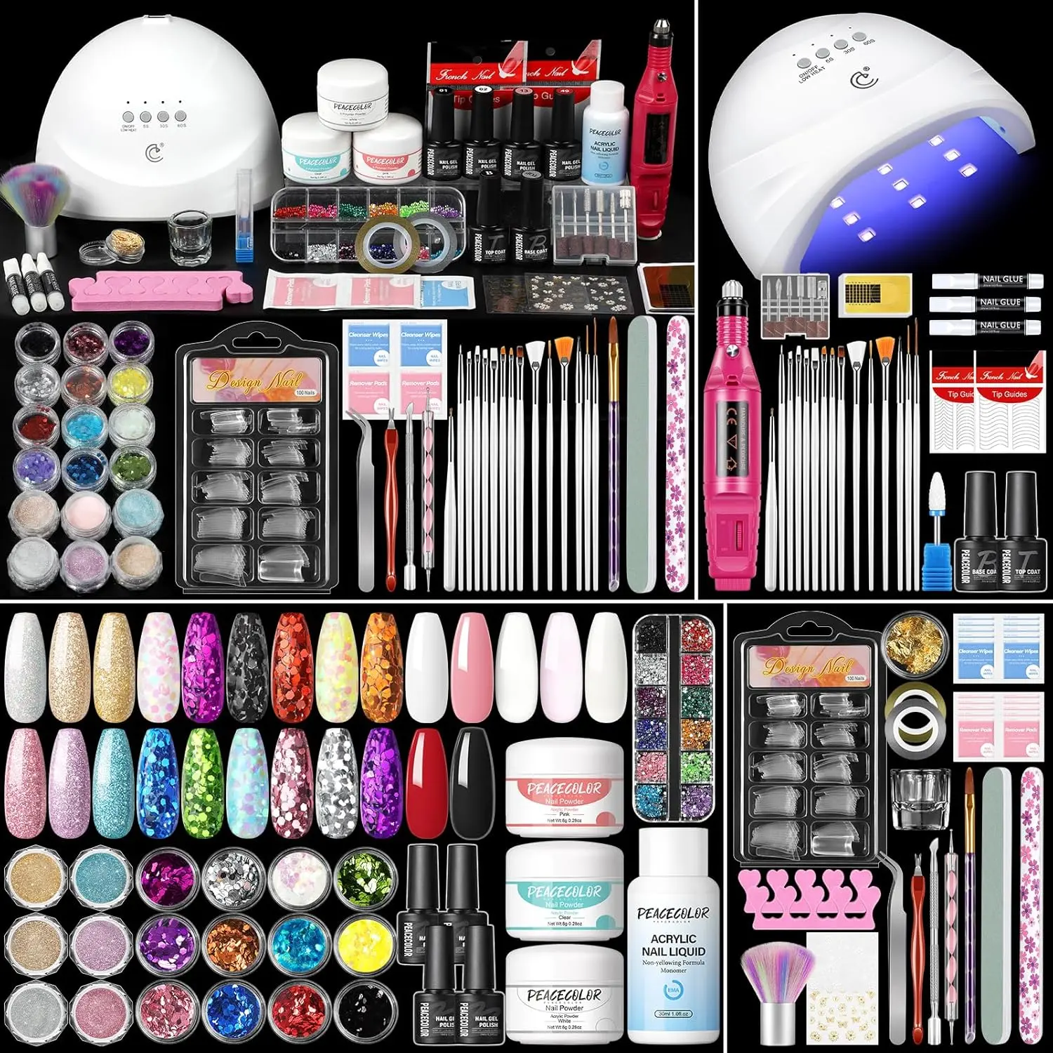 Acrylic Nail Kit   with Everything ,Professional Nail Kit Acrylic Set with Drill U V Light 21Pc Glitter Powder Gel Polish Decorations Gel Nail Gift Set  Home Salon