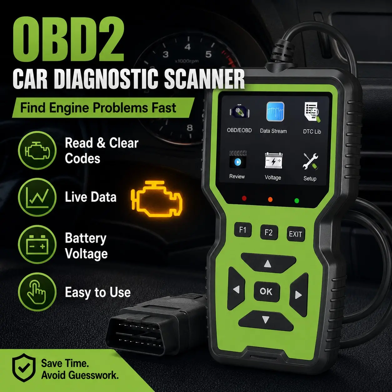 2026 OBD2 Scanner Car Diagnostic Tool, Easy Check Engine Light Code Reader, Read & Clear Fault Codes, Live Data, I/M Readiness, Battery Voltage Check, DTC Lookup, Plug & Play OBDII/EOBD Scanner for Most 12V Vehicles Since 2003