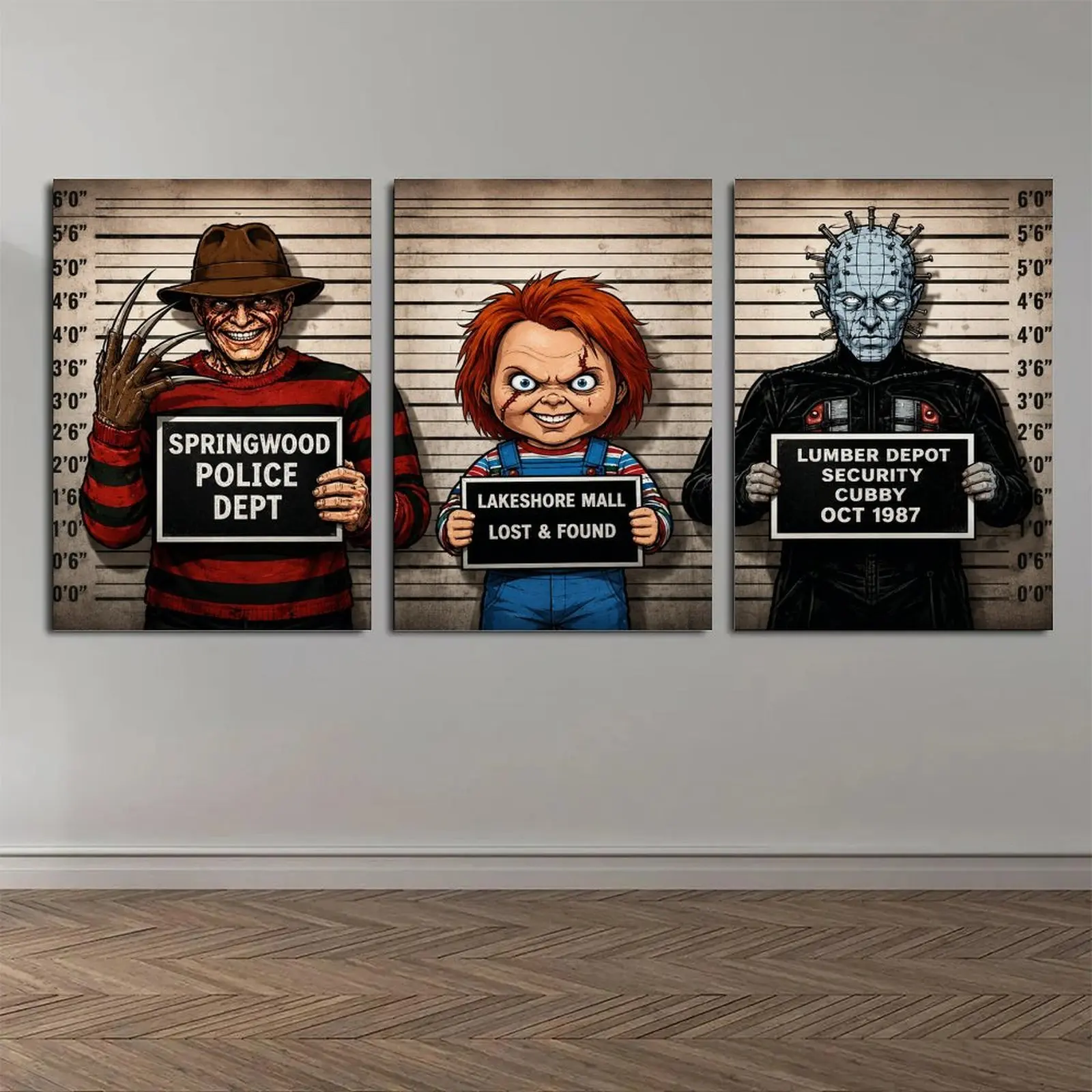 2D Flat, 3pcs Set Canvas Wall Art - Horror Villains Mugshot Triptych Prints Suitable for Living Room, Game Room Decor,  Dark Humor Panel for Housewarming, Birthday Gift, Retro Suitable for Hook-Mountable Decor