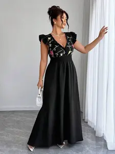 Plus Size Women V Neck Floral Embroidery Dress, Elastic Waist a Line Long Dress, Elegant Vacation Style, Casual Wear, Slimming Dress