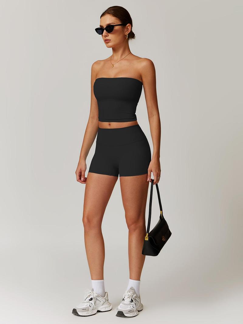 Women's Solid Color Crop Tube Top & Shorts Sportswear Set - Casual Comfy Breathable Two-piece Outfits for Yoga Gym Workout Running Ladies Sportswear for All Seasons Athletic