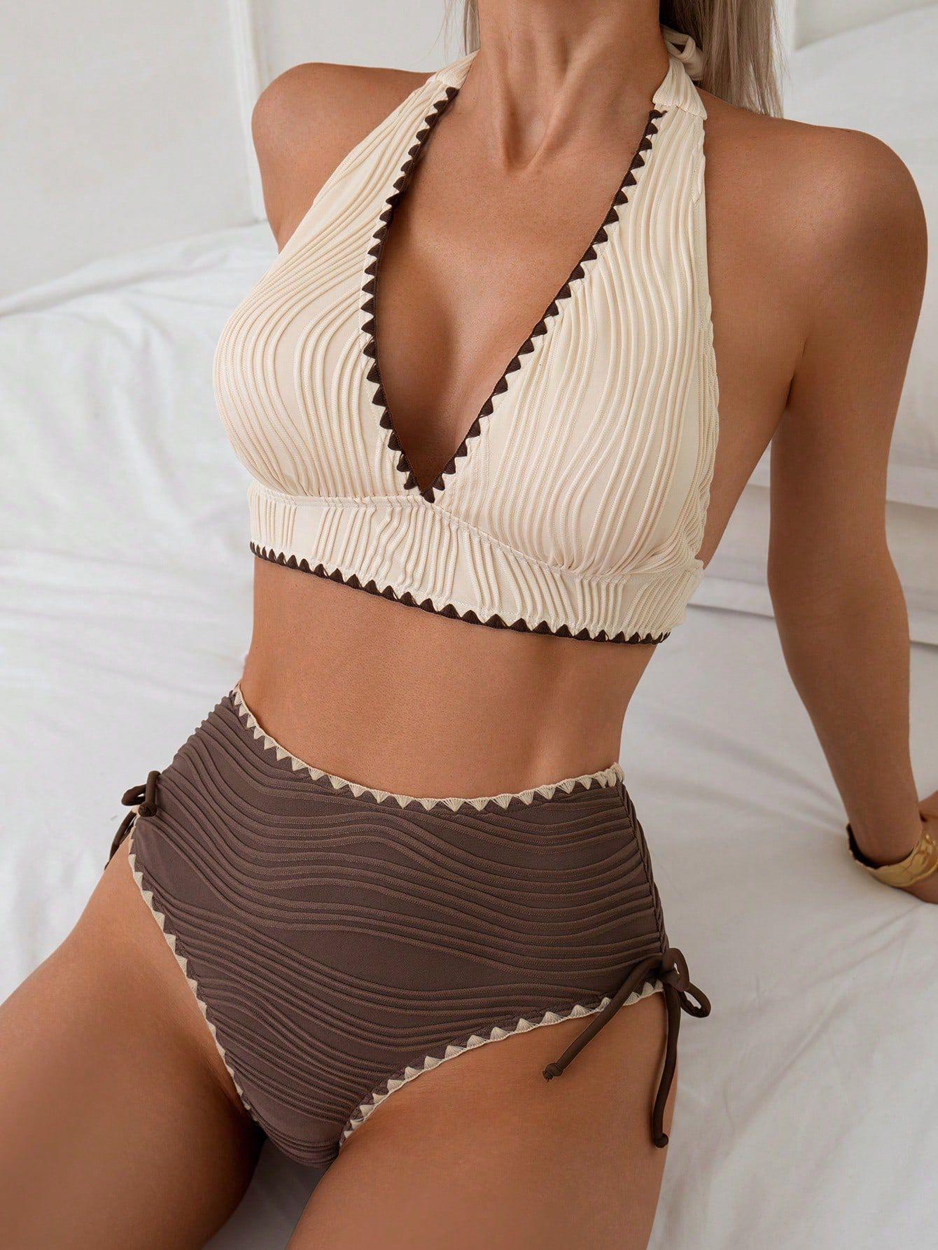 Chic High-Waisted Bikini with Ribbed Design – Stylish and Comfortable