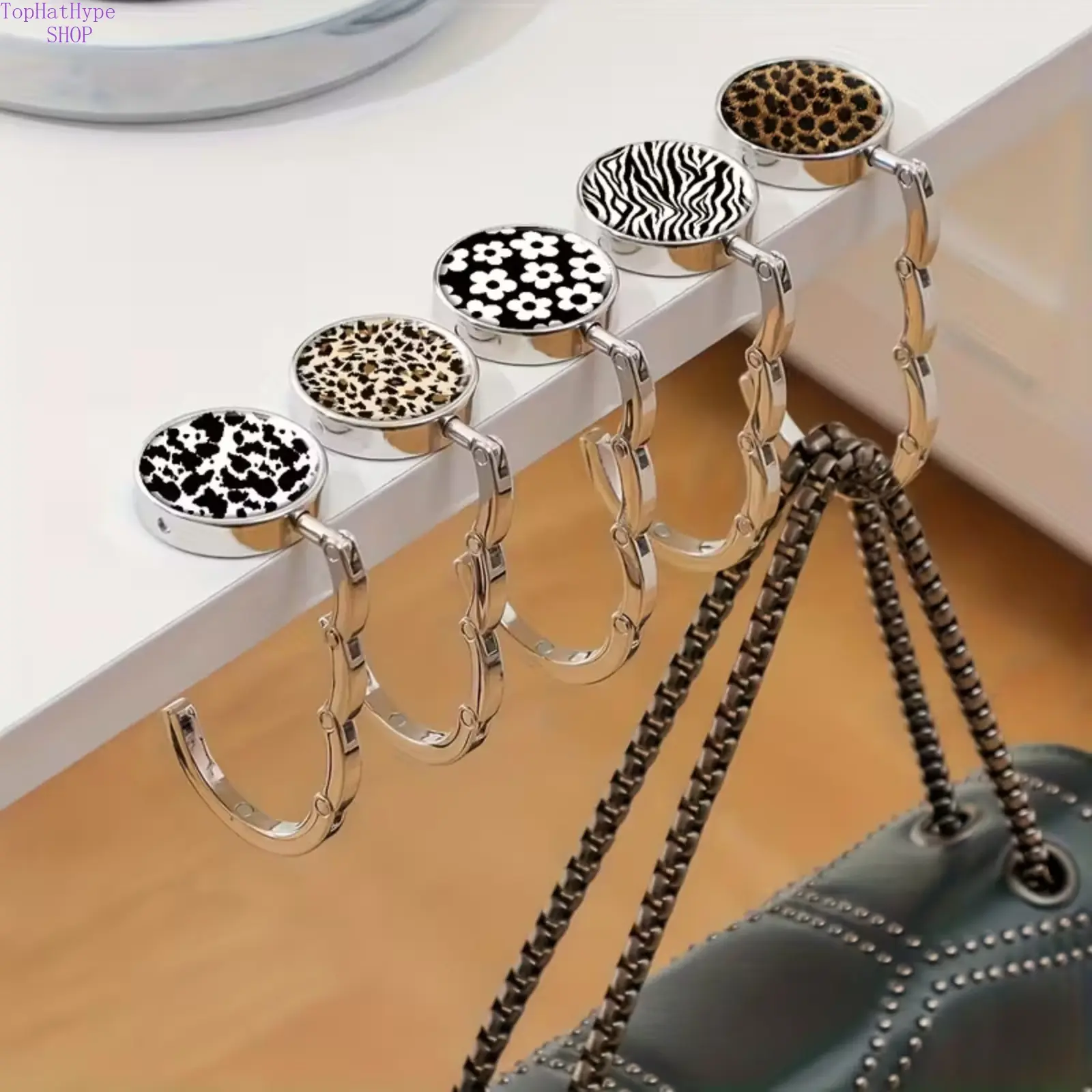 Purse Hook for Women with Leopard & Zebra Animal Prints, Round Metal Foldable Handbag Hanger for Desk Use, Foldable Hook, Metal Hanger, Round Shape, Compact, Desk Hanger, Holds Bags