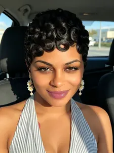 Short Curly Wavy Layered Pixie Wig with Bangs, Glueless Full Machine Made Easy Wear & Go Wig for Daily Use