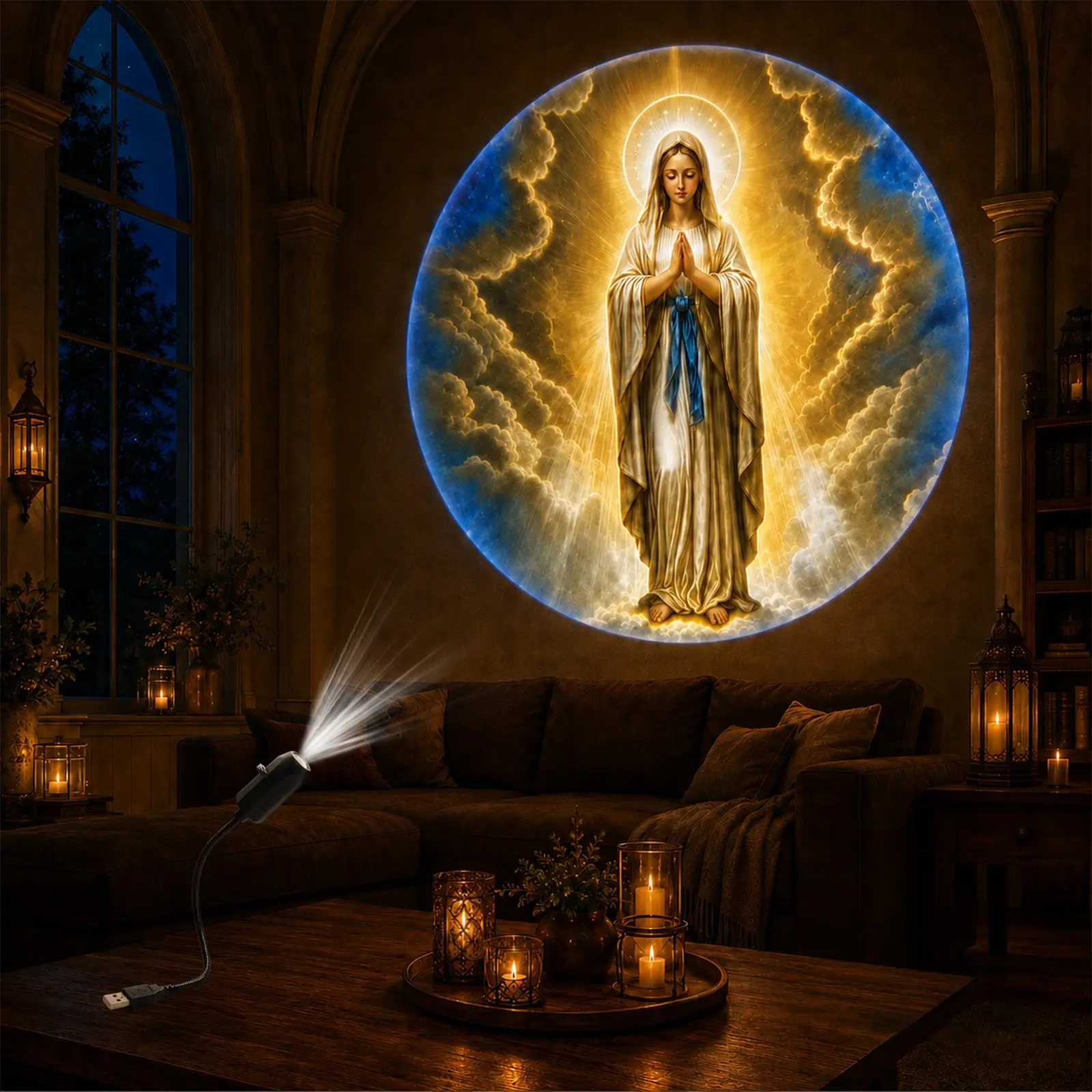 Virgin Mary Pattern Projector Light, 6 Interchangeable Images, 360° Flexible USB Lamp for Bedroom, Church and Prayer Room Decor