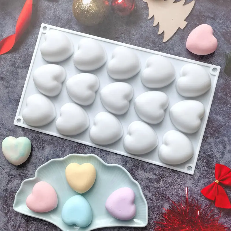 1pc,15-Cavity Heart-Shaped Mousse Cake Silicone Mold, Heart-Shaped Fondant Chocolate Mold for Cake Decoration, Food-Grade Silicone, Heart Molds Silicone, Heart-Shaped Chocolate, Candy, Pudding, French Dessert Cake Decoration Baking Tool, Baking Supplies