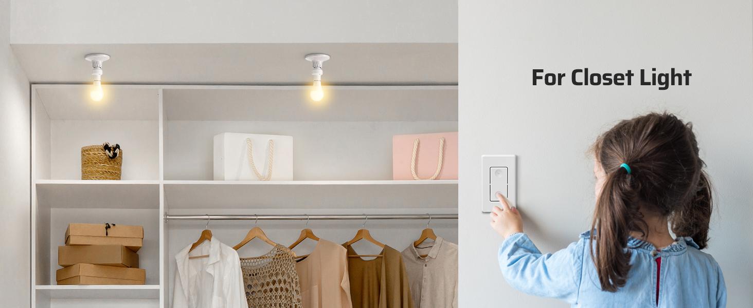 SQ-PNC004 Remote Control Light Bulb Socket, Wireless Light Switch for Pull Chain Light Fixture, Remote Light Socket E26 E27 Bulb Base with Wall Mounted Wireless Controller, No Wiring, ETL Listed