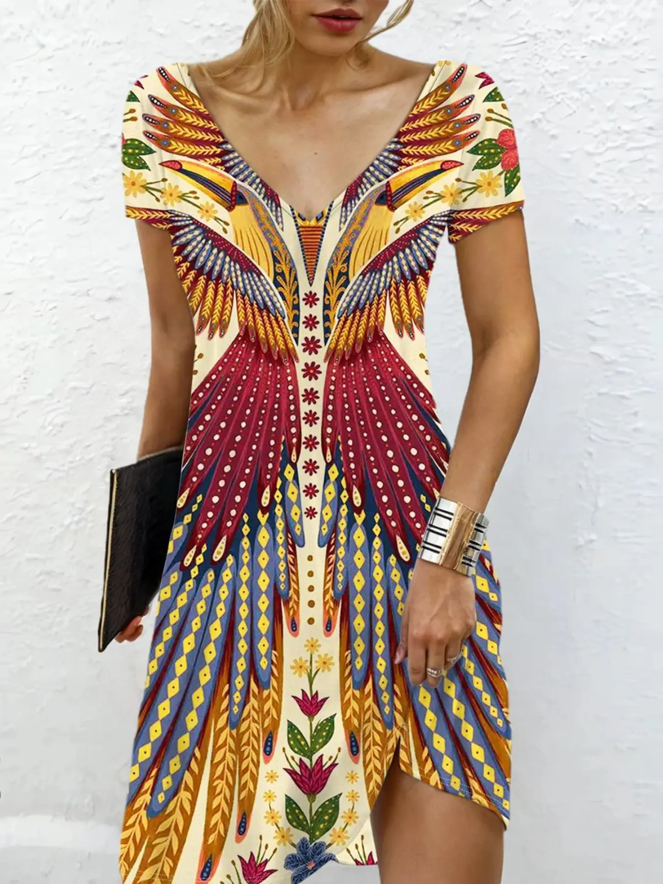 2026 Summer New Print Boho Bohemian V Neck Short Sleeve Loose a Line Dress, Perfect for Vacation Beach, Stylish and Comfortable Clothing, Boho Beach Dresses, Boho Summer Clothes