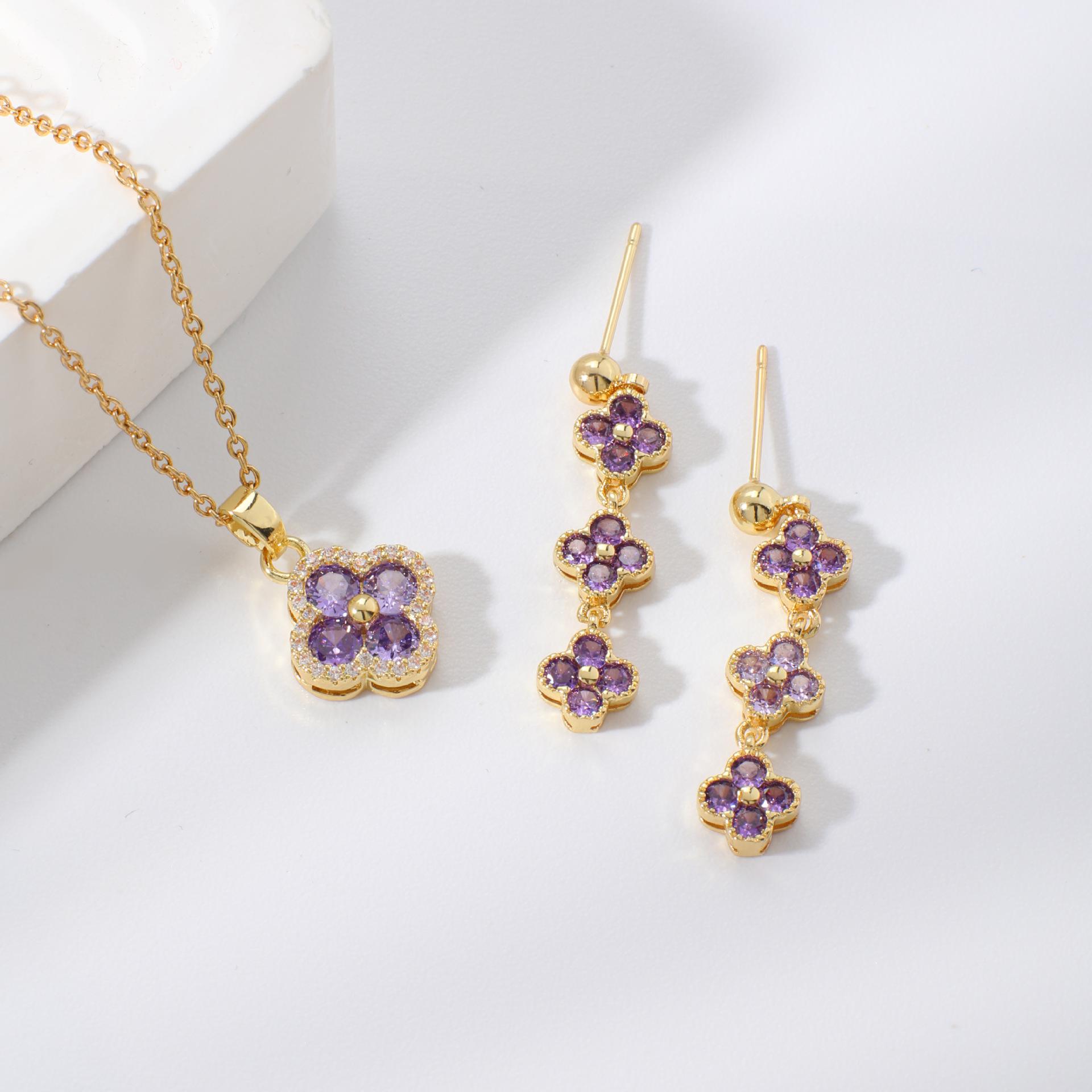 Colorful Lucky Clover Flower Elegant Fashion Copper Inlaid Zircon Earrings Necklace Jewelry Set
