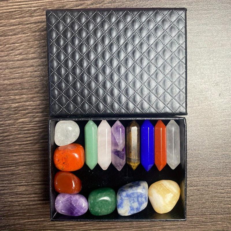 A set of double-pointed quartz crystals in a box, featuring natural stones for all seven chakras, hexagonal rose quartz ideal for bedroom decor, artificial artificial crystal included, presented in a uniquely designed gift box.