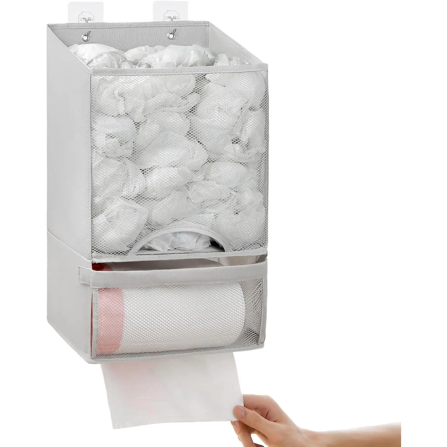 MeToMe Bag Saver - Extra Large 2 in 1 Plastic Bag Holder Storage, Durable Mesh Grocery Hanging Trash Dispenser Roll Organizer for Home Kitchen/Bathroom/Laundry, Multi-purpose for Daily (Light Grey)