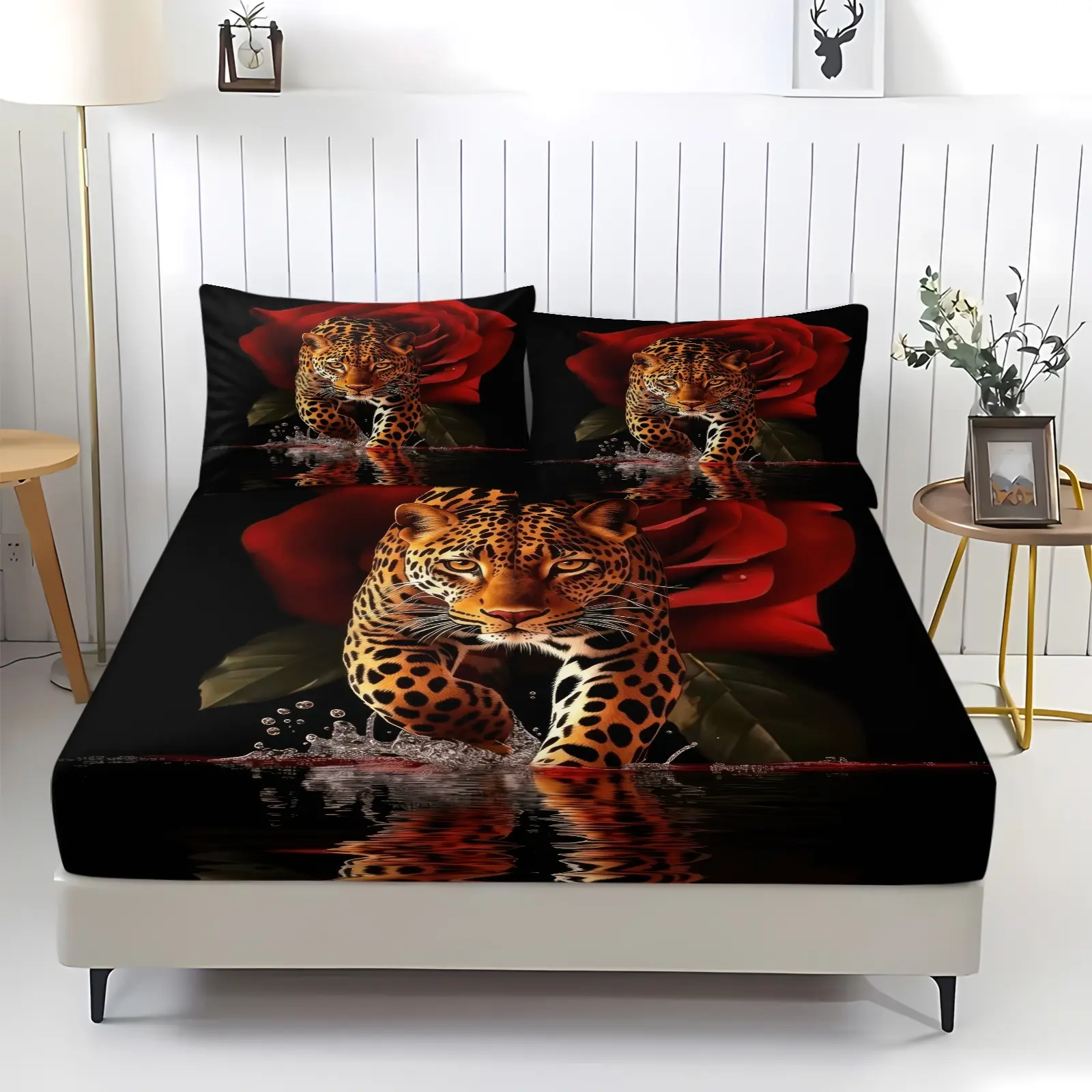 Full Print Wild Leopard Red Flower Graphic Fitted Sheet Set, 1 Fitted Sheet & 2 Pillowcase, Breathable Soft Fabric Bed Set, Dark Jungle Masculine Bedding All Size, Rustic Male Bedroom Decor, Wildlife Lover Housewarming Gift