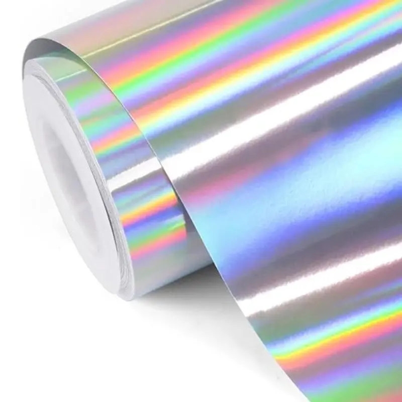 Glossy Rainbow Holographic Silver Chrome Vinyl Bubble Free Permanent Vinyl, Self Adhesive Laminating Sheets Waterproof for Stickers Papers Crafts Books Cabinets Drawers Kids Classroom Decorative Wallpaper