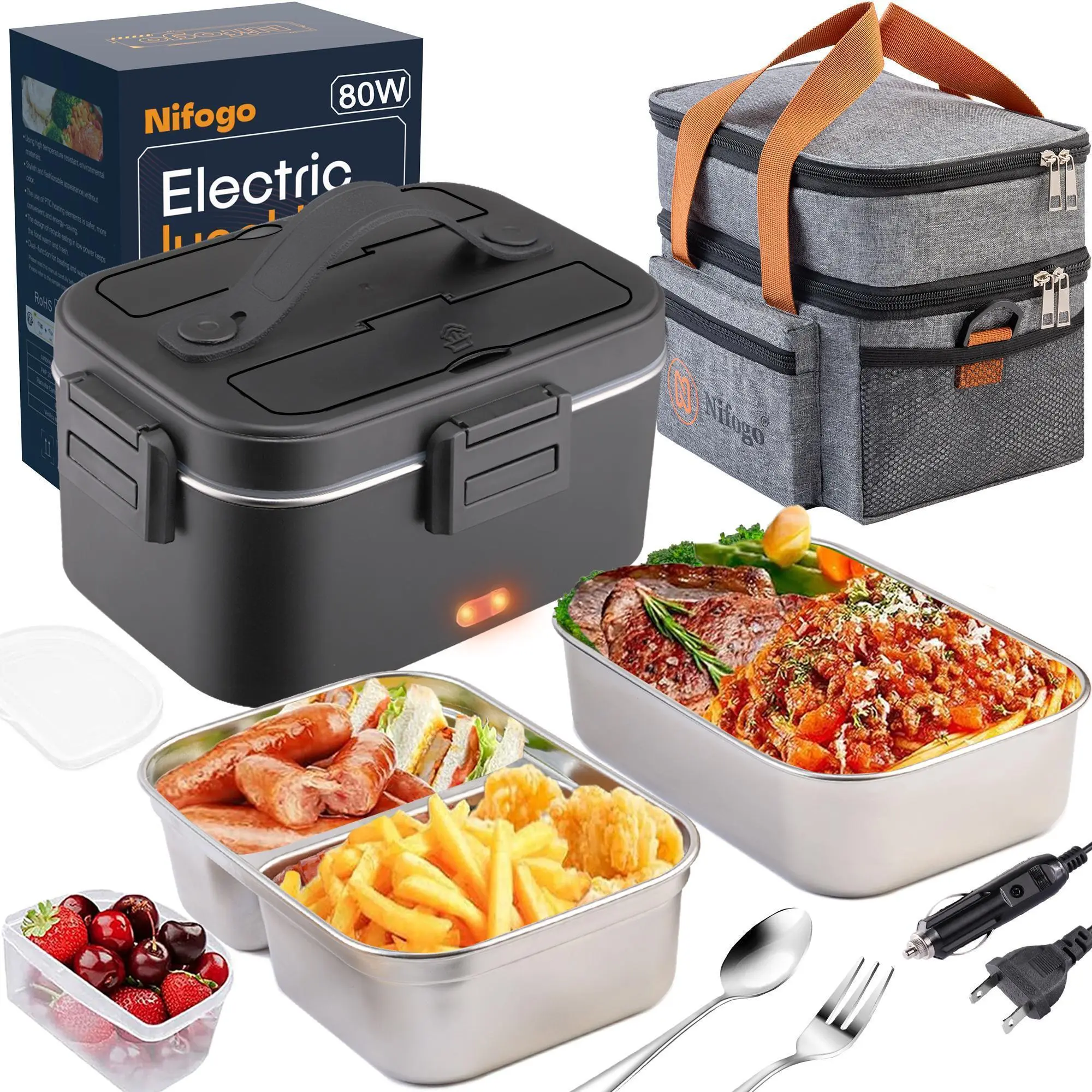 Nifogo Electric Lunch Box 1.8L 304 Stainless Steel Portable Food Heater for Adults 110V/12V/24V with Fork Spoon Bag Non-Rechargeable Model