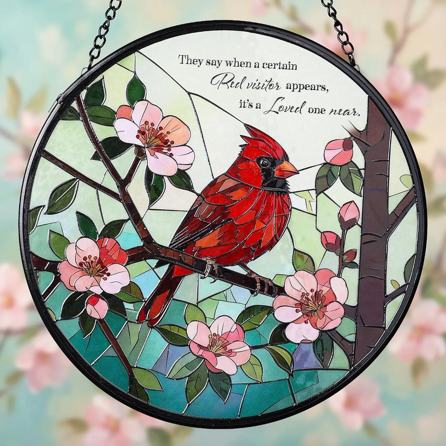 Stained Glass Window Hanging, Cardinal and Words Sun Catchers 7.8 in Stained Glass Suncatcher Decor, Ideal Gifts for Mother's Day, Wife, Friends, Family, Art Lovers, Birds Lovers