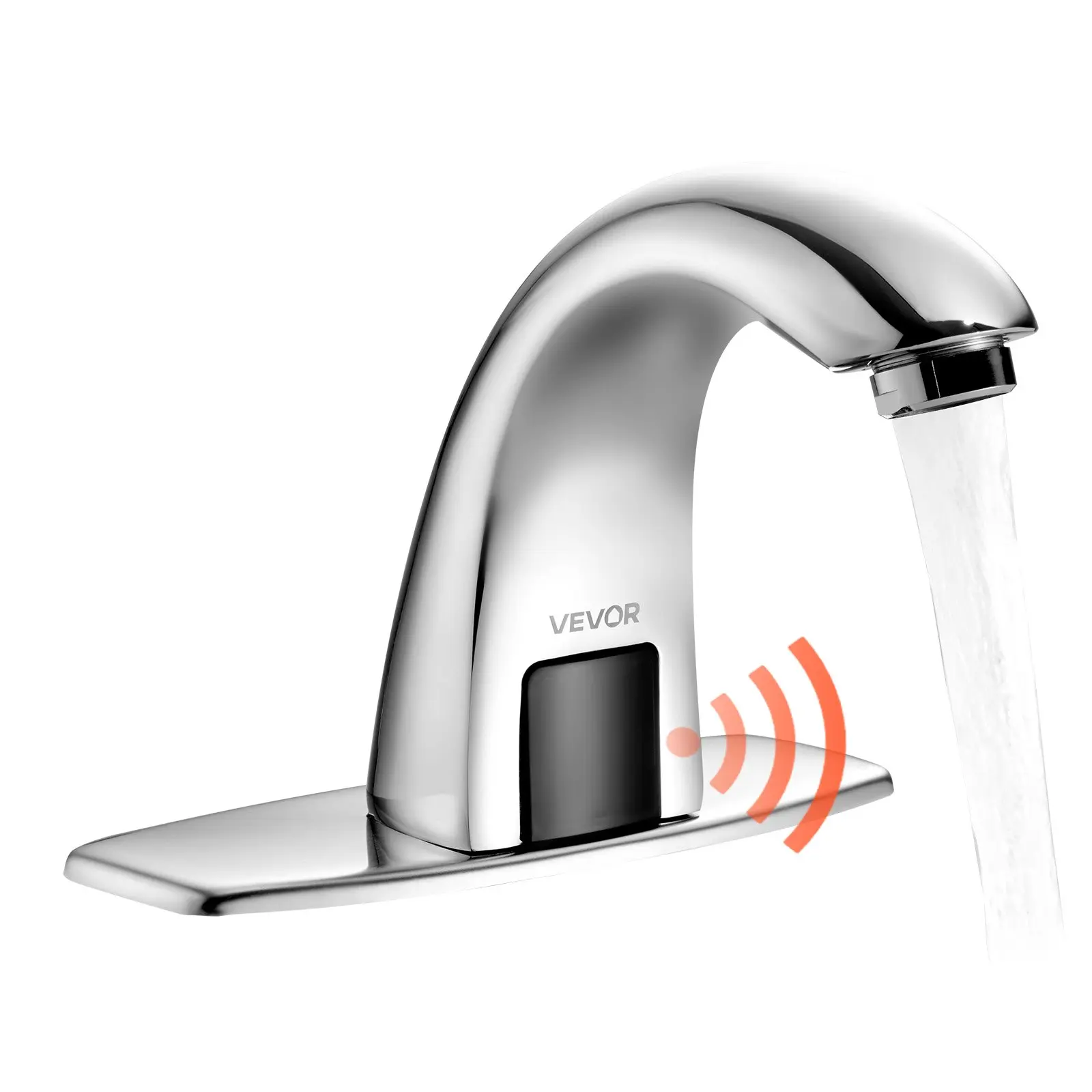 VEVOR Chromium Plated Touchless Bathroom Sink Faucet, Automatic Motion Sensor, Battery Operated, Adjustable Temp, Auto Flow Stop, Easy Install, 9/16 in Pipe Fit, Hole Cover Plate Included, for Homes & Offices, Sensor Faucet