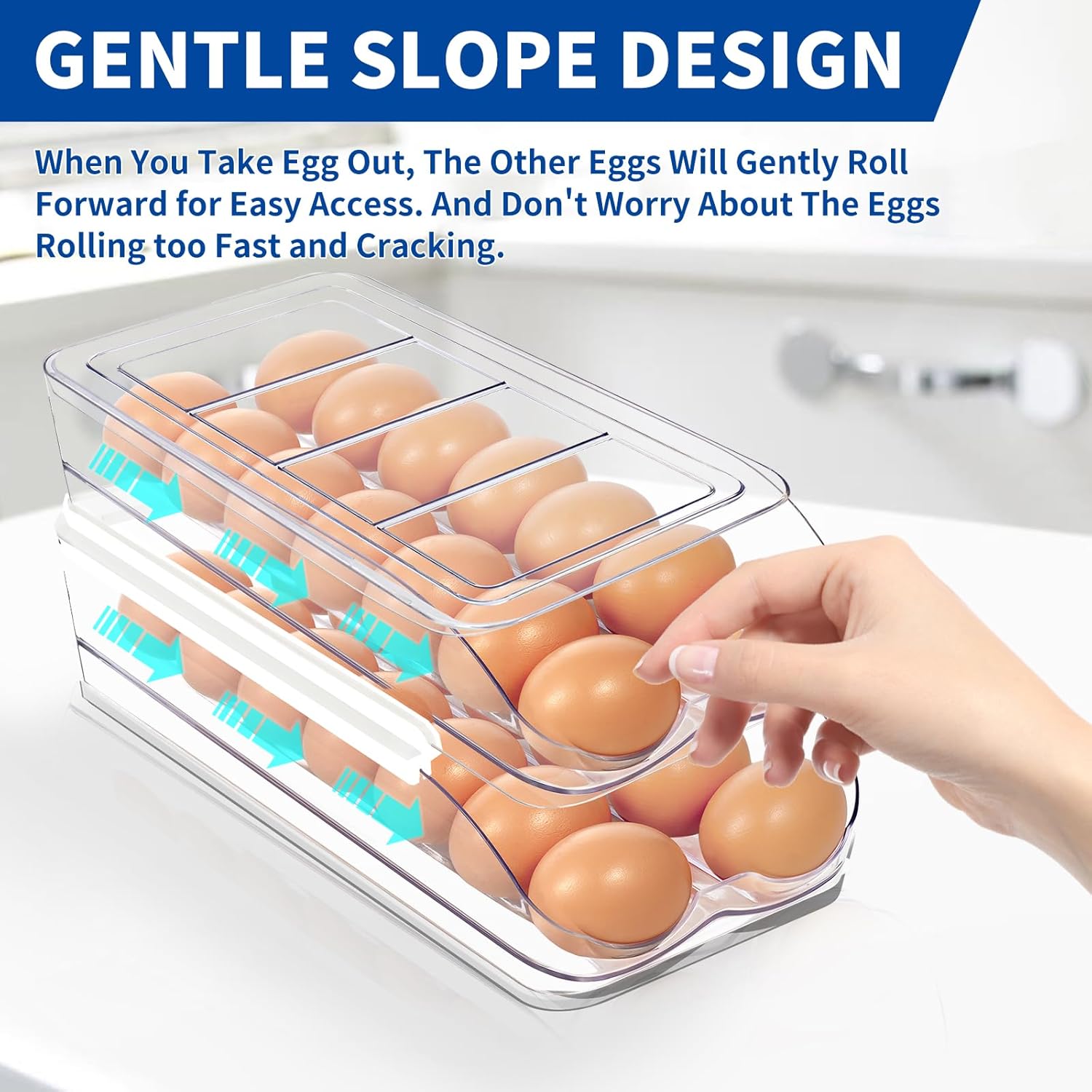 Egg Holder for Fridge, Automatic Rolling Egg Organizer for Refrigerator, Clear Plastic Egg Container & Tray, Stackable Dispenser and Storage Bin with Sturdy Lid to Saving Space -2 Layer