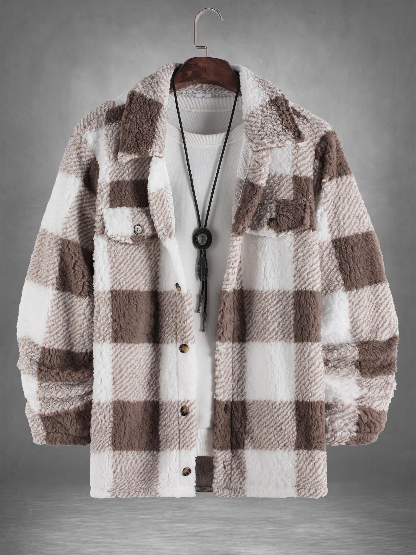 Men's Plaid Print Button Front Fuzzy Lounge Jacket, Casual Long Sleeve Collared Outerwear for Fall & Winter, Men's Sleepwear for Daily Wear, Casual Style Outerwear, Casual Fitted Jacket