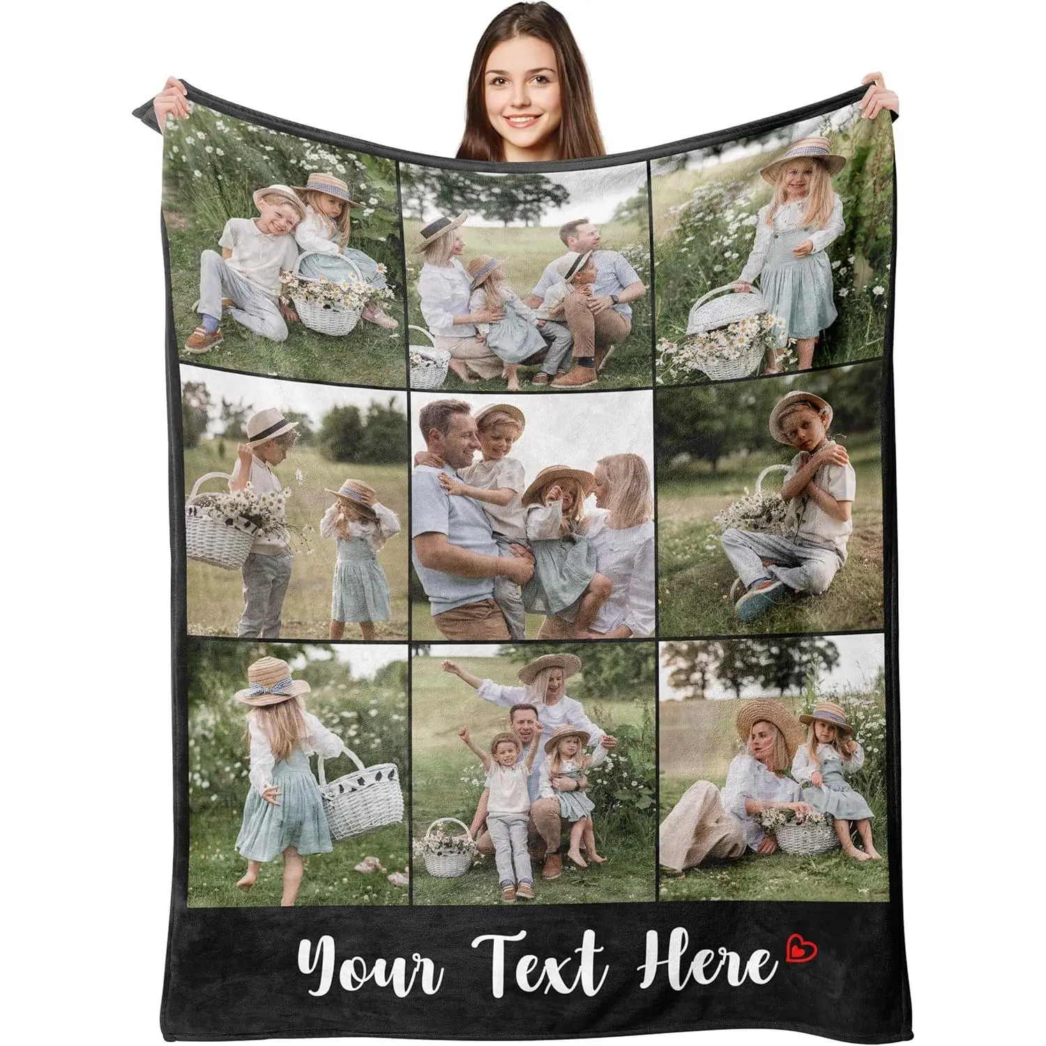 Custom Family Photo Flannel Throw Blanket, Light Grey 3x3 Collage Blanket with Personalized Text Area, Soft Cozy Warm Blanket for Family Reunion, Spring Outdoor Picnic, Birthday & Memory Gift