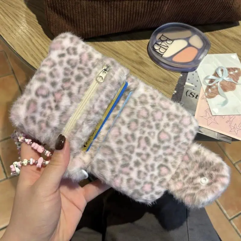 Cute Plush Leopard Women Coin Purse Card Bag Pink Korean Fashion Wallet Card Holder for Girls Portable Cute Small Storage Bag